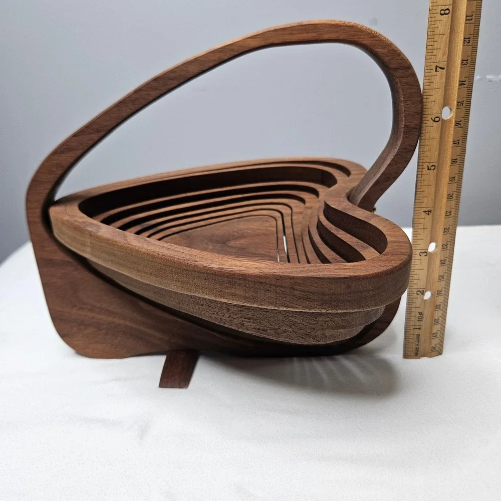 Vintage Heart Shaped Collapsible Wood Fruit Basket Trivet Walnut MCM Decor 10x11
